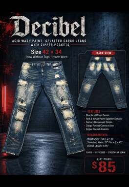 Decibel Acid Wash Paint-Splatter Cargo Jeans with Zipper Pockets